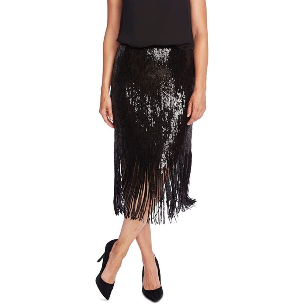 Designer Vince Camuto Black Sequin Midi Length Fringe Fully Lined Evening Skirt - Picture 6 of 11